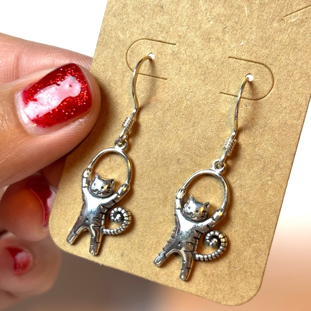Vintage WTS Watson Signed Sterling Silver 925 Swinging Happy Cat Earrings
